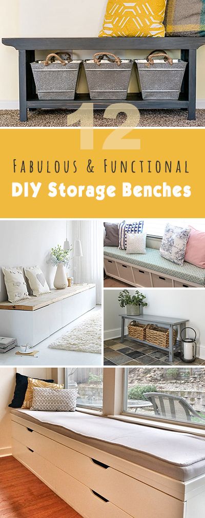 http://www.decoratingyoursmallspace.com/12-fabulous-functional-diy-storage-benches/